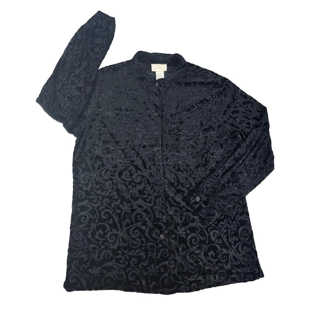 Studio Works Velvet Burnout Damask Button Down Shirt Black Med Womens Whimsigoth
